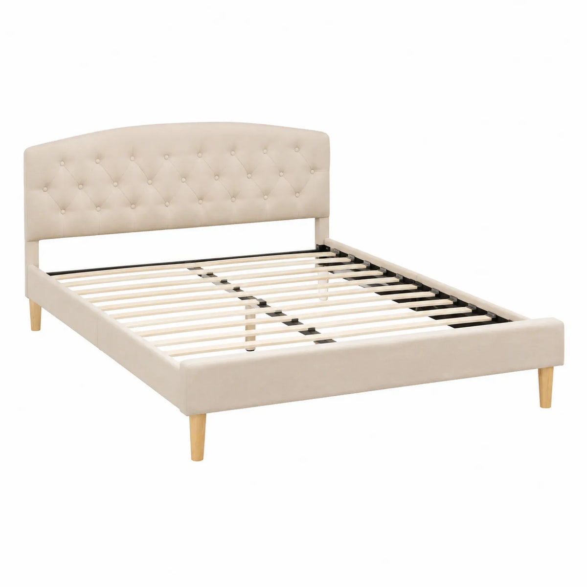 Cama de madera con cabecero tapizado de poliéster beige 200x160 cm