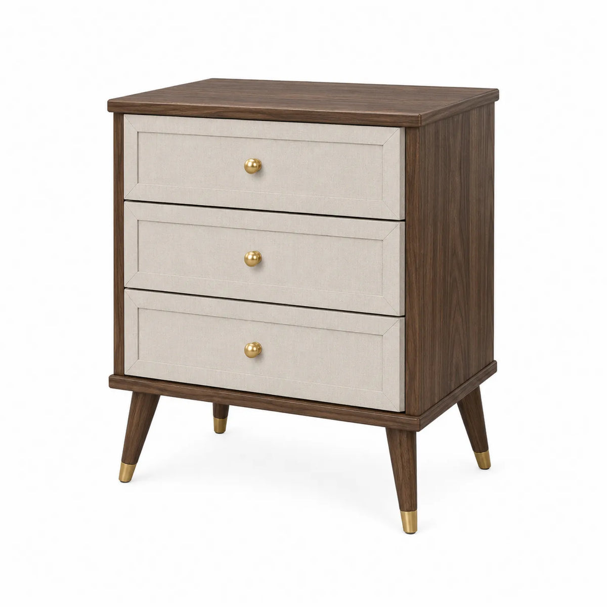 Mesa de noche de madera con 3 cajones y frontal de tela lino