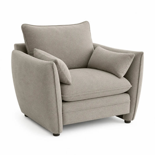 Sillón tapizado de poliéster gris claro con cojines removibles