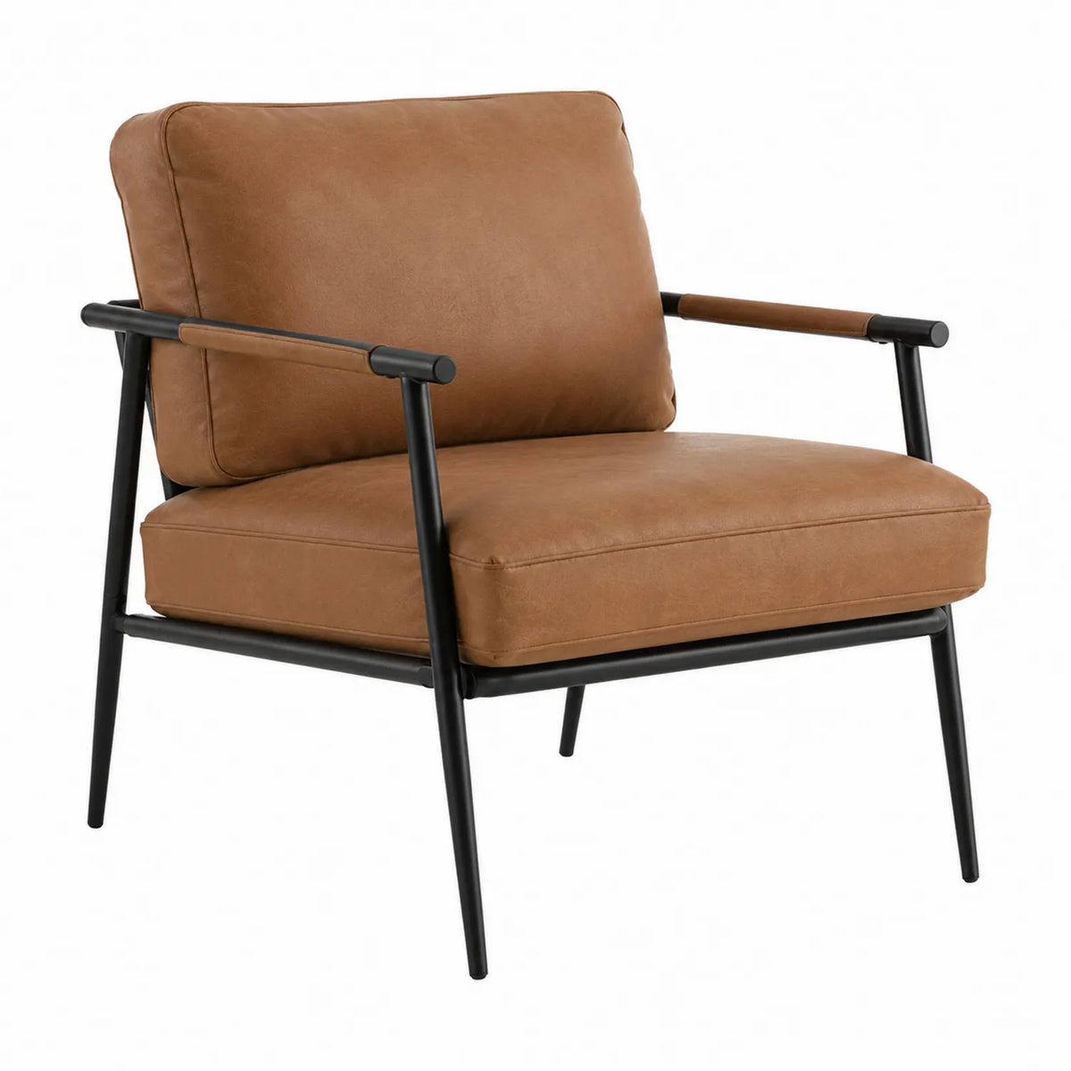 Sillón de salón de cuero sintético marrón con estructura metálica negra