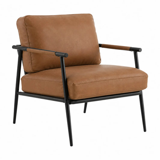 Sillón de salón de cuero sintético marrón con estructura metálica negra