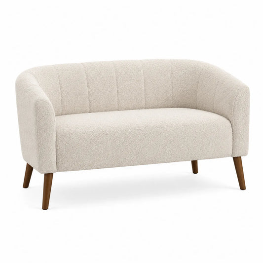 Sofá de dos plazas en tejido bouclé beige con patas de madera 120cm