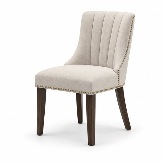 Silla de comedor de poliéster beige con patas de madera maciza
