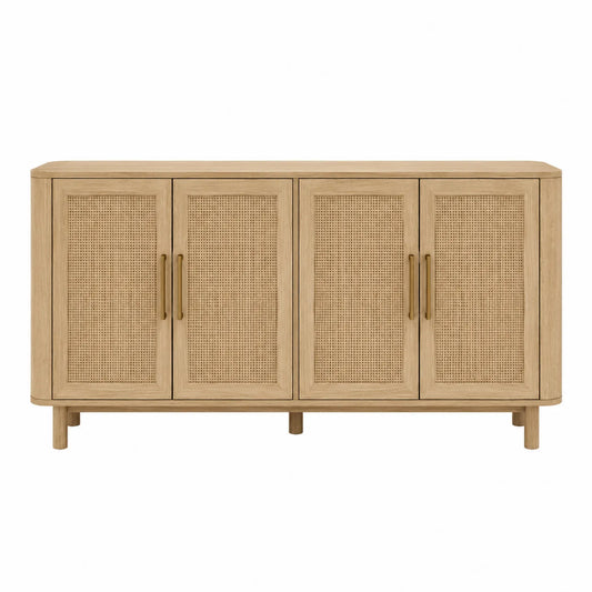 Aparador de Madera y Ratán Natural 4 Puertas 150x40x80 cm