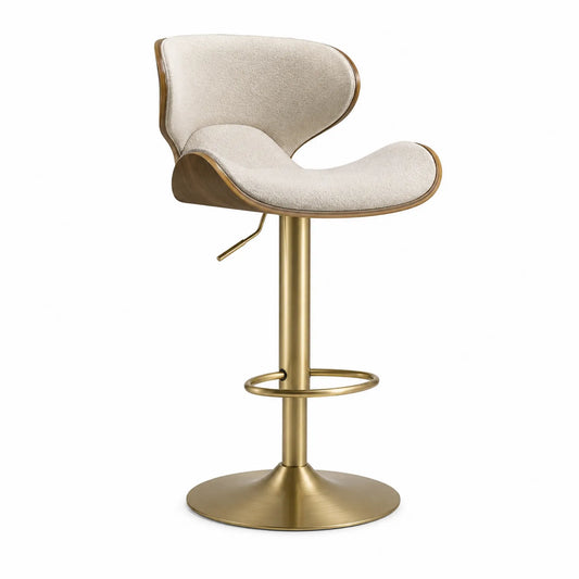 Taburete de Bar Giratorio de Tela Beige y Metal Dorado