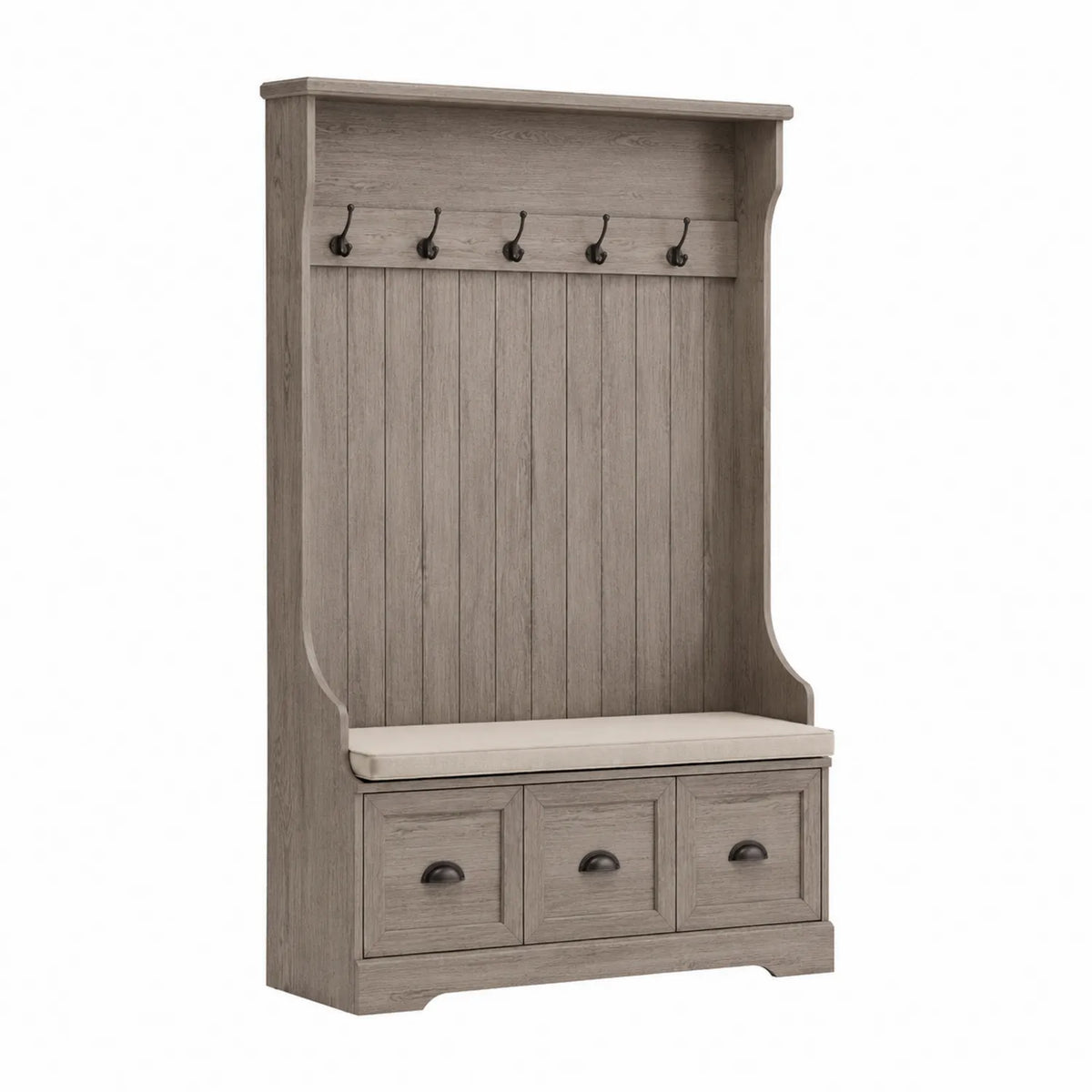 Perchero de Madera con Cojín y Ganchos de Metal Gris