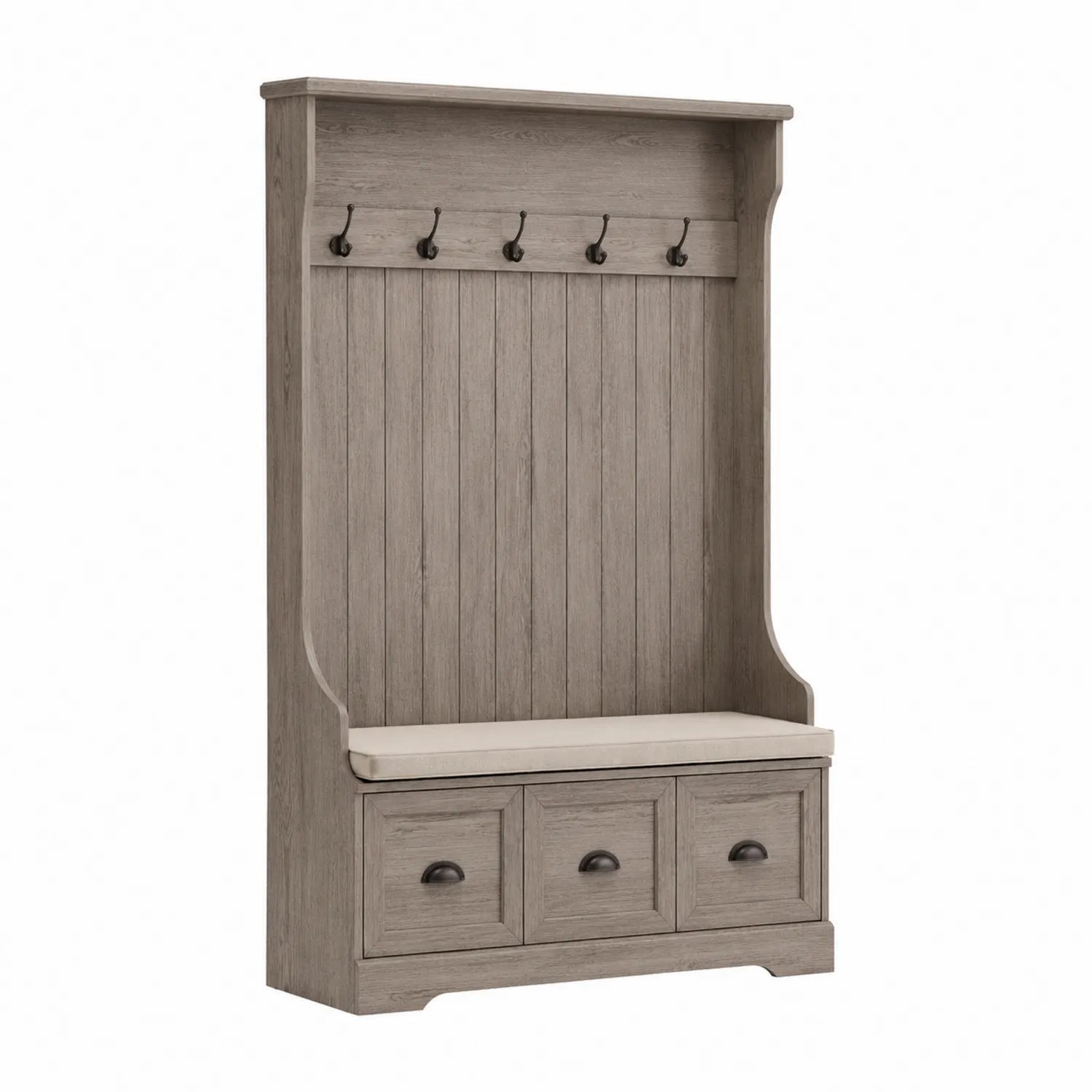 Perchero de Madera con Cojín y Ganchos de Metal Gris