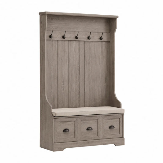 Perchero de Madera con Cojín y Ganchos de Metal Gris
