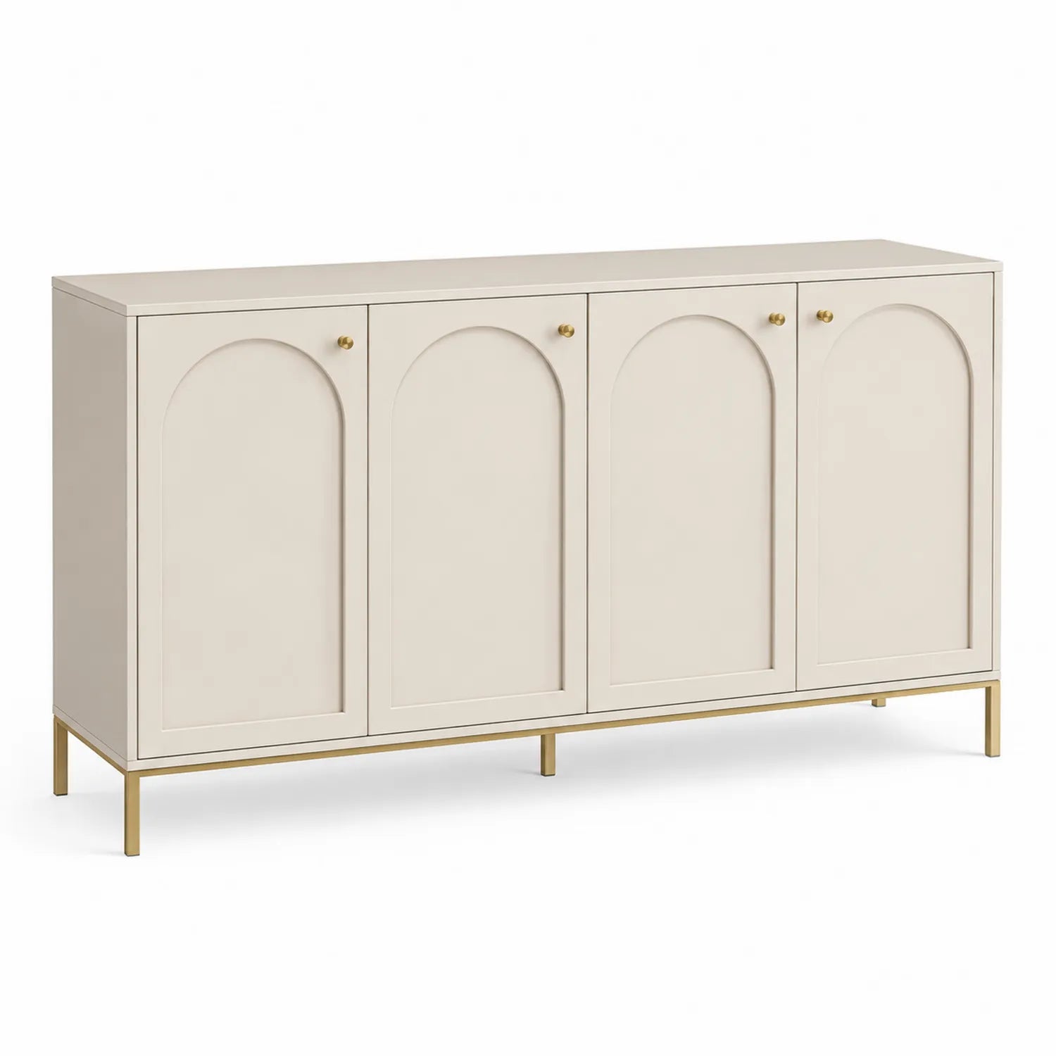 Aparador de MDF con patas de latón, 4 puertas, Beige, 180x80x40 cm