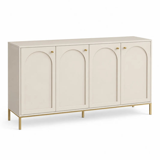 Aparador de MDF con patas de latón, 4 puertas, Beige, 180x80x40 cm