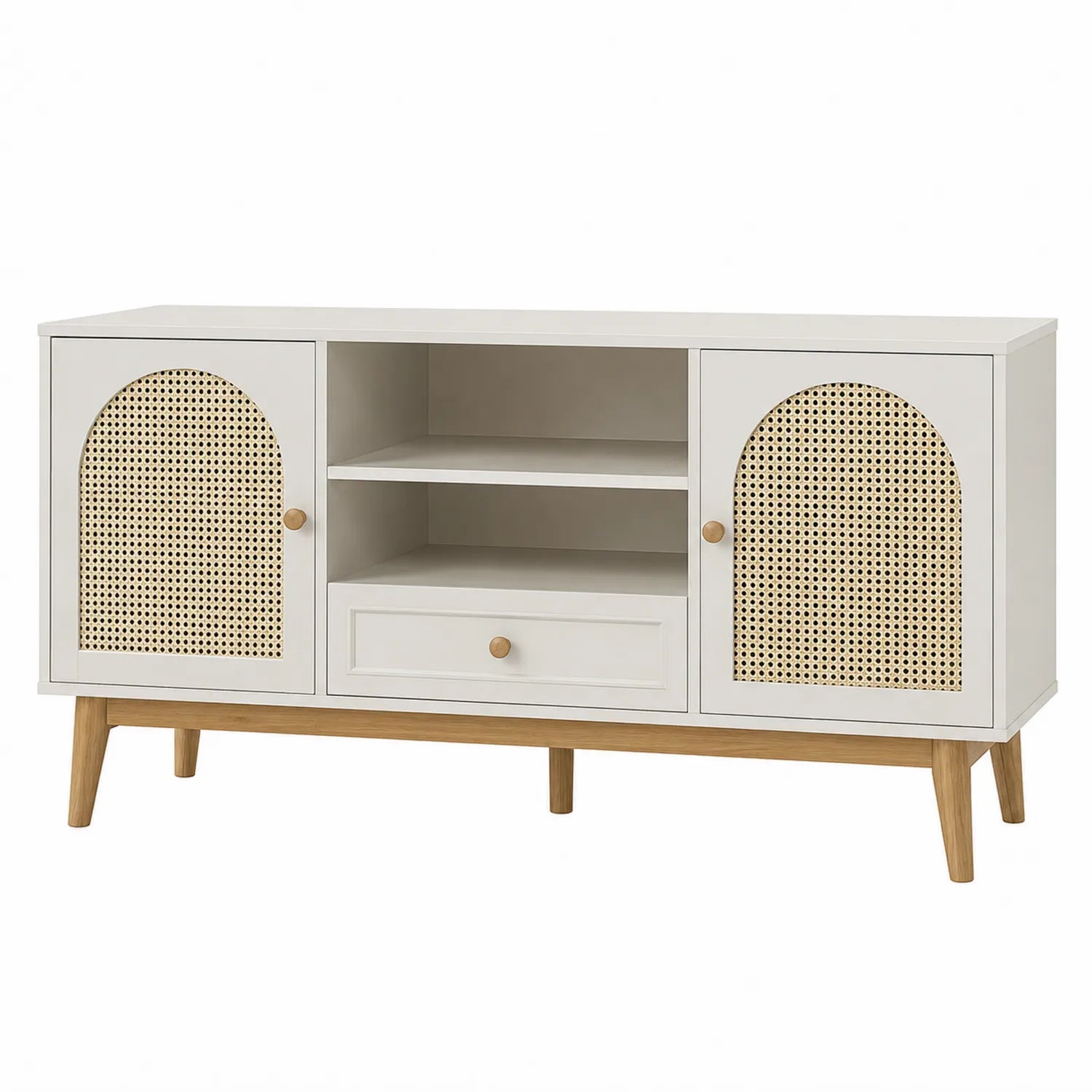 Aparador de Madera MDF y Ratán con Cajón Blanco 150x40x80 cm