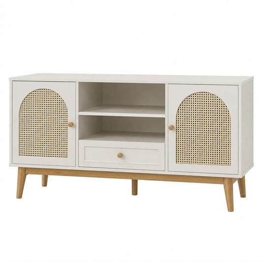 Aparador de Madera MDF y Ratán con Cajón Blanco 150x40x80 cm