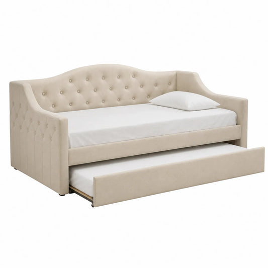 Cama nido tapizada en poliéster beige con cama extraíble 200x90 cm