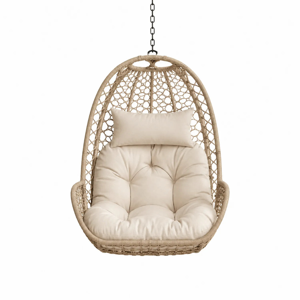Silla colgante de ratán sintético beige con cojín para exterior