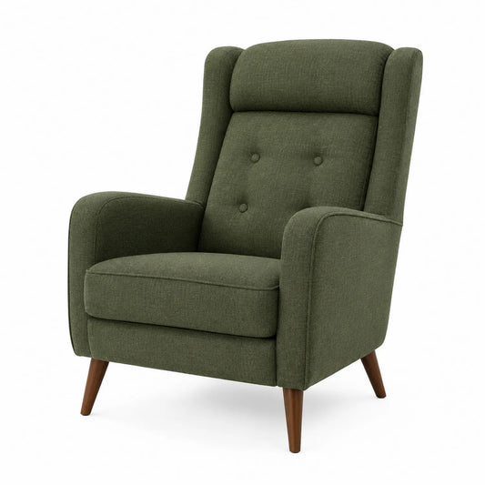 Sillón de tela de poliéster verde con patas de madera
