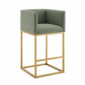 Taburete de bar de tela verde con estructura de metal dorado