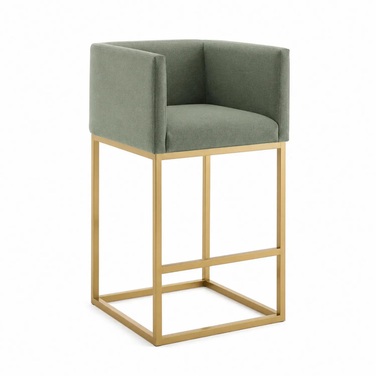 Taburete de bar de tela verde con estructura de metal dorado