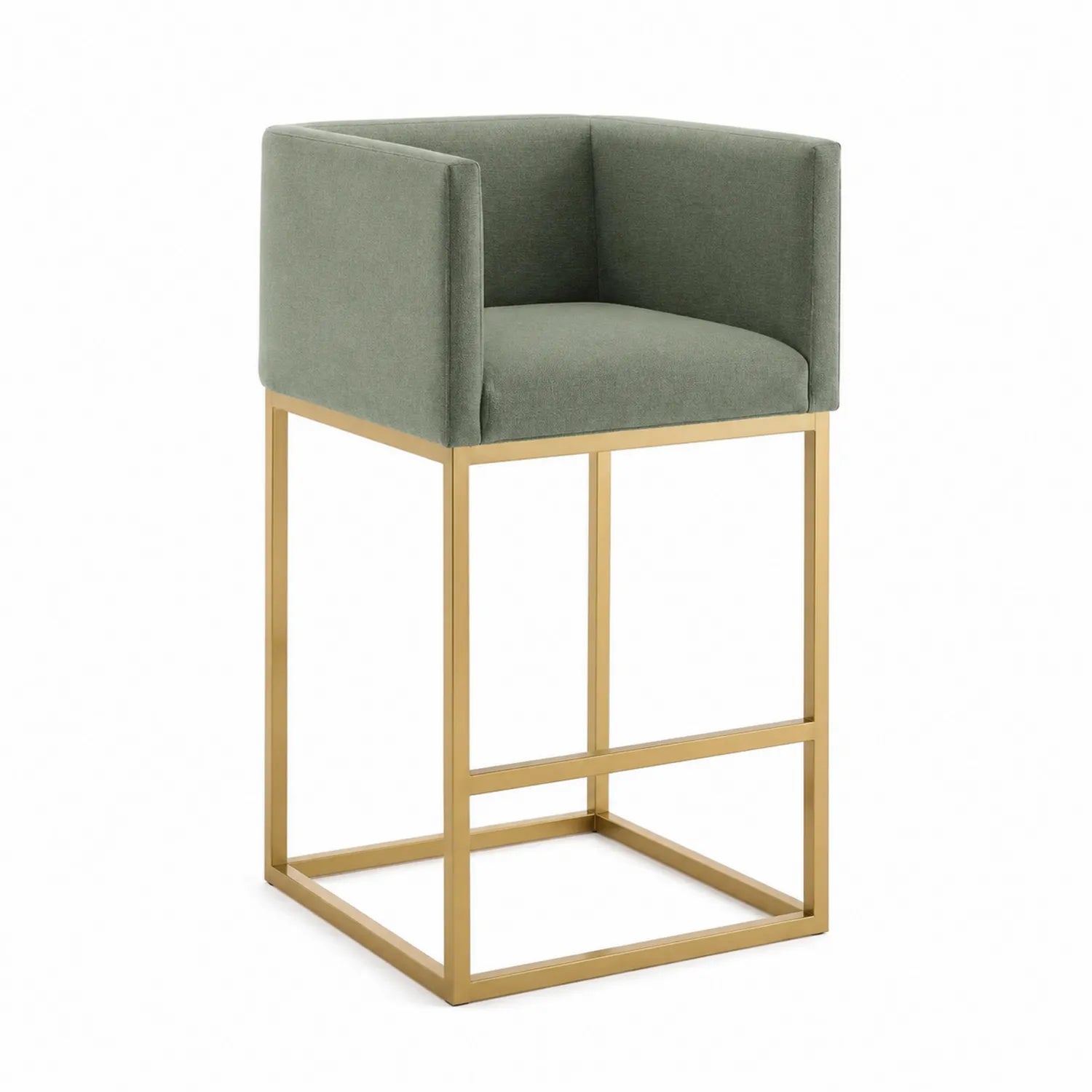 Taburete de bar de tela verde con estructura de metal dorado