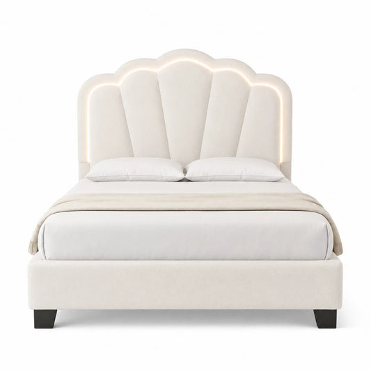 Cama doble con cabecero de poliéster beige 200x160 cm con LED