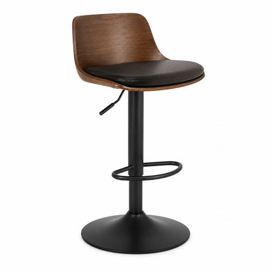 Taburete de bar de madera y metal con asiento de PU negro