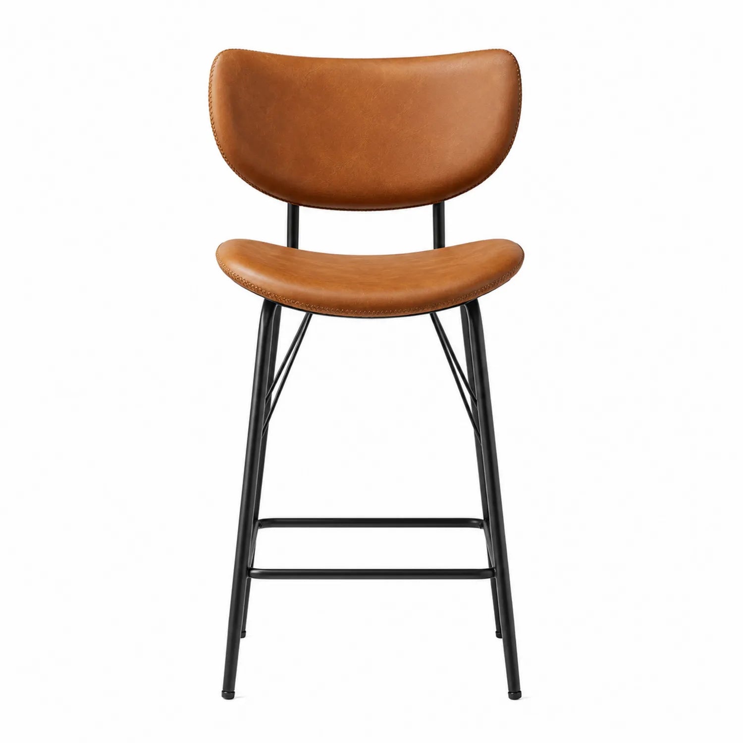 Taburete de bar en cuero marrón con estructura de acero negro