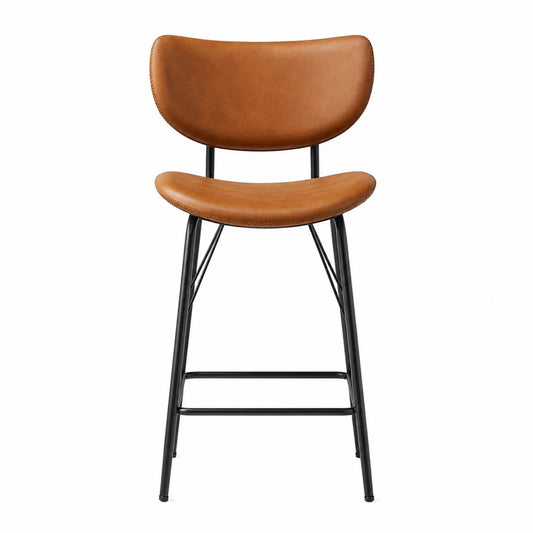 Taburete de bar en cuero marrón con estructura de acero negro