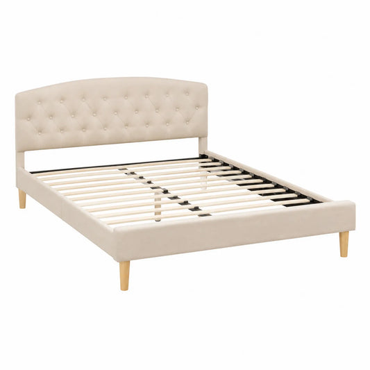 Cama de madera con cabecero tapizado de poliéster beige 200x160 cm