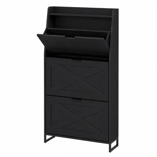 Zapatero de madera MDF negro con diseño de compartimentos 120x60x30 cm
